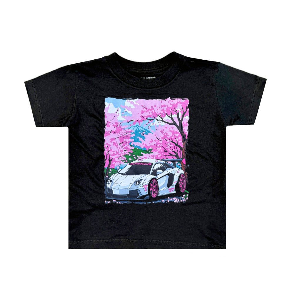 Black Lambo Blossom Kids T-Shirt by Team Lingenfelter featuring a colorful cherry car graphic on the front.