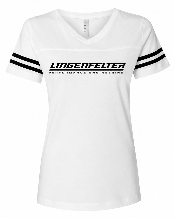 White short-sleeve V-neck t-shirt with black double stripes on the sleeves and a black 'LINGENFELTER PERFORMANCE ENGINEERING' logo printed across the chest.
