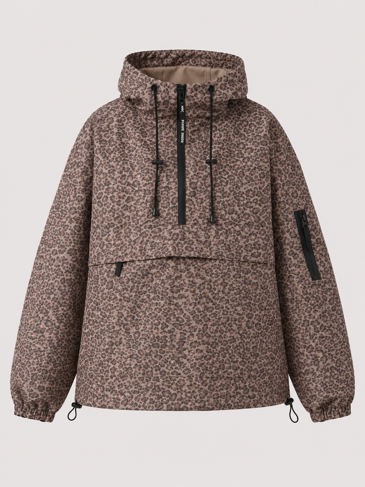 Brown patterned jacket with black accents on a light gray background