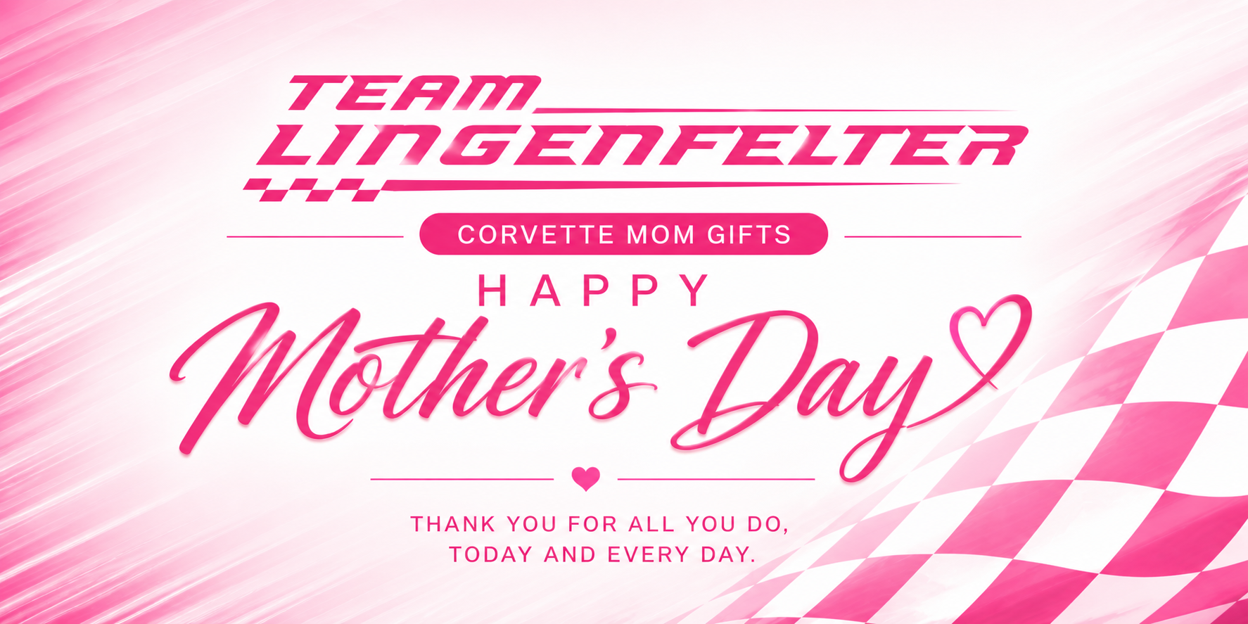Mother's Day card with 'Team Lingenfelter' branding and pink checkered pattern.
