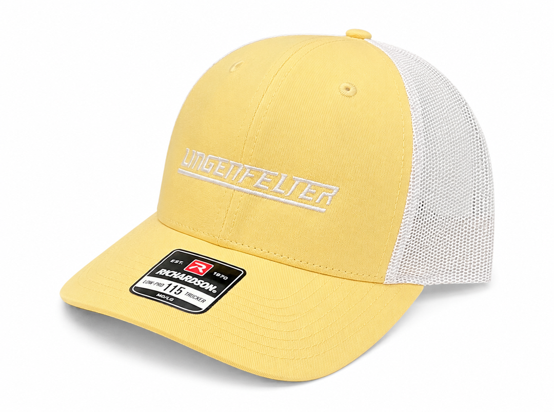 richardson 115 hat side view.  pale yellow and white mesh.  Lingenfelter embroidered.