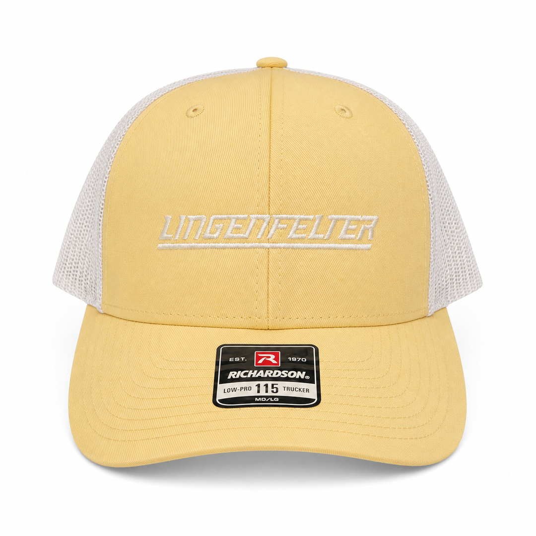 a yellow and white richardson 115 hat.  lingenfelter embroidered in white.  mesh
