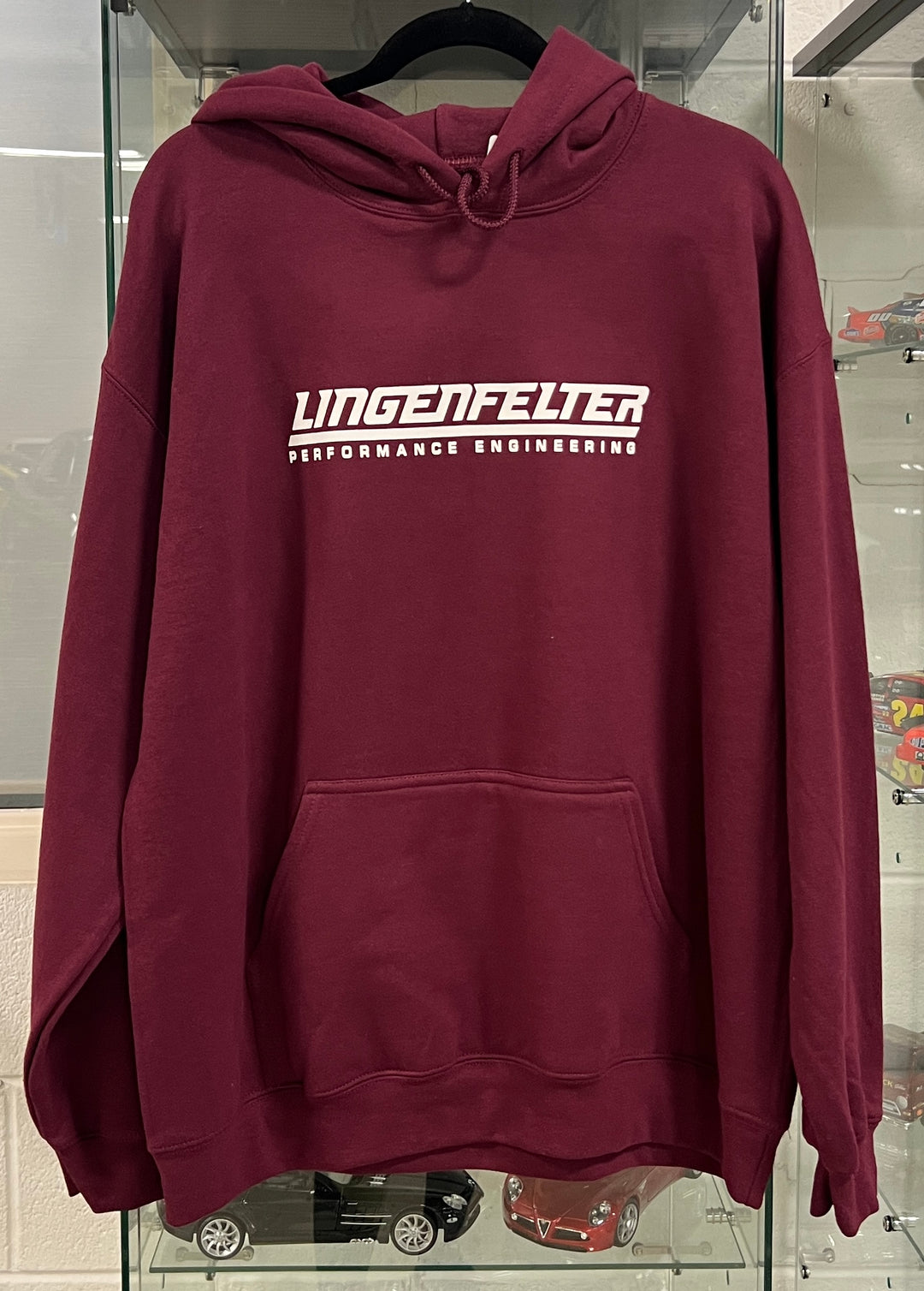 Lingenfelter maroon men's hoodie, medium and large sizes, casual activewear sweatshirt with team branding and comfortable fit.