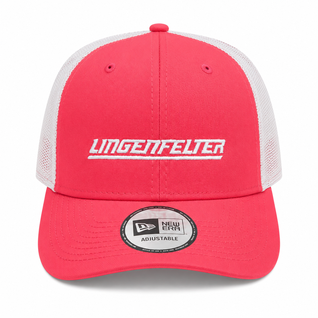 A red and white trucker hat with 'LINGENFELTER' written in white across the front panels and a New Era 9FORTY adjustable cap sticker on the brim.