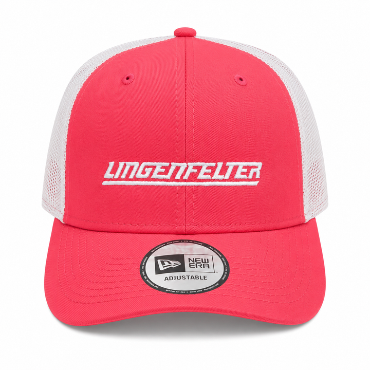 A red and white trucker hat with 'LINGENFELTER' written in white across the front panels and a New Era 9FORTY adjustable cap sticker on the brim.