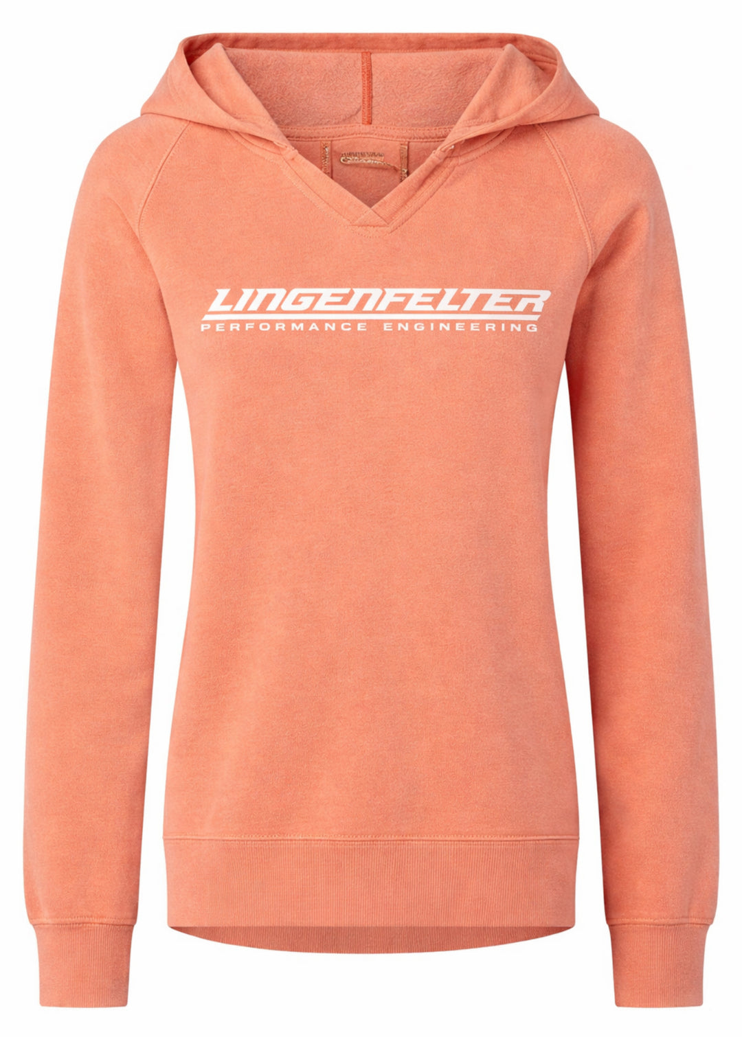 Lingenfelter Ladies Tangerine Hoodie, a spring 2026 activewear sweatshirt for women with a comfortable fit and vibrant color.