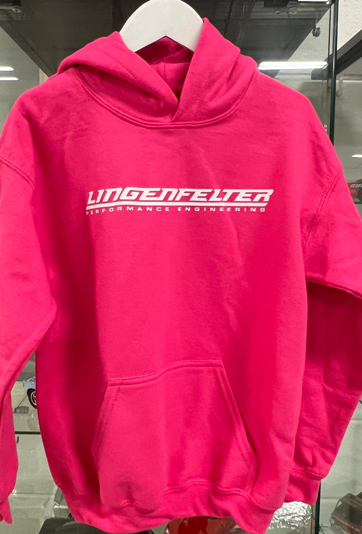 Pink youth hoodie by Team Lingenfelter featuring the Lingenfelter Performance logo, comfortable casual apparel for kids.