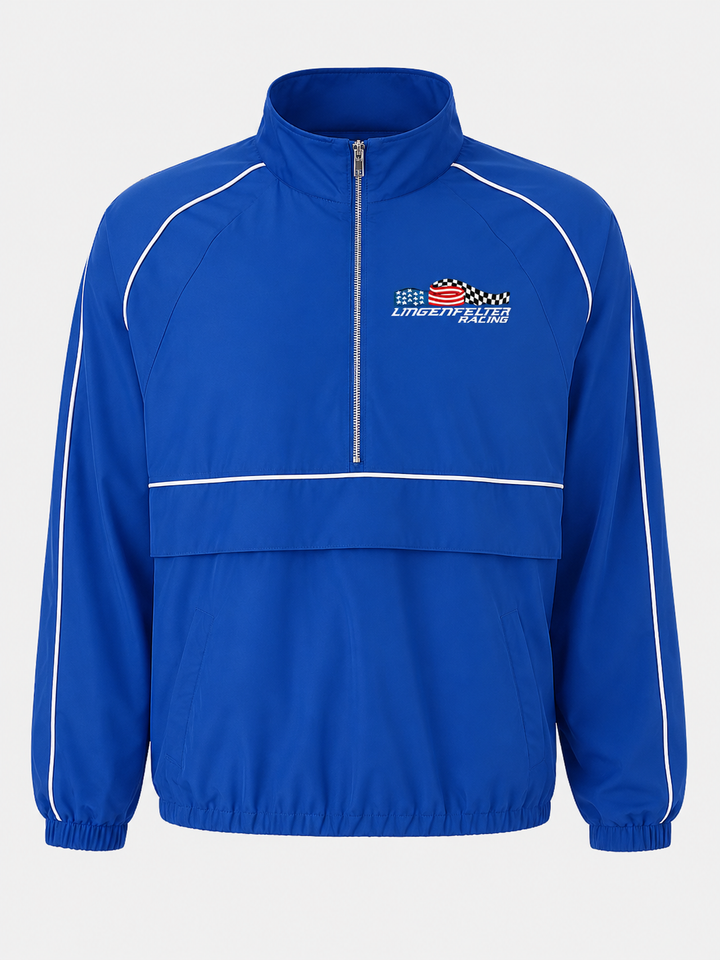 A royal blue half-zip windbreaker jacket with white piping details and a small 'Lingenfelter Racing' graphic on the left chest,