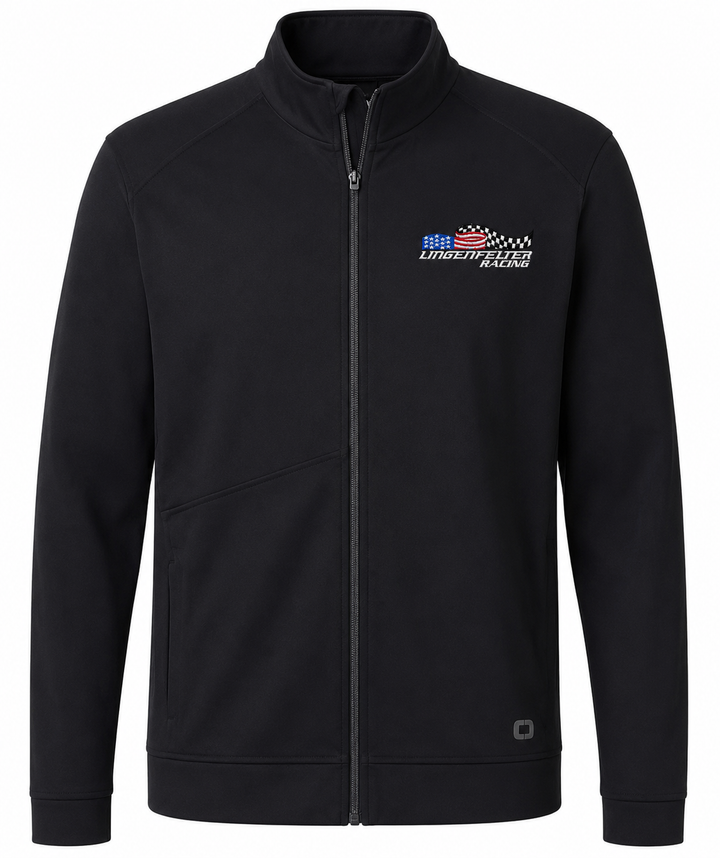 A black zip-up jacket with a stand collar, featuring a small embroidered 'Lingenfelter Racing' logo on the left chest with a checkered flag design, shown against a plain white background.