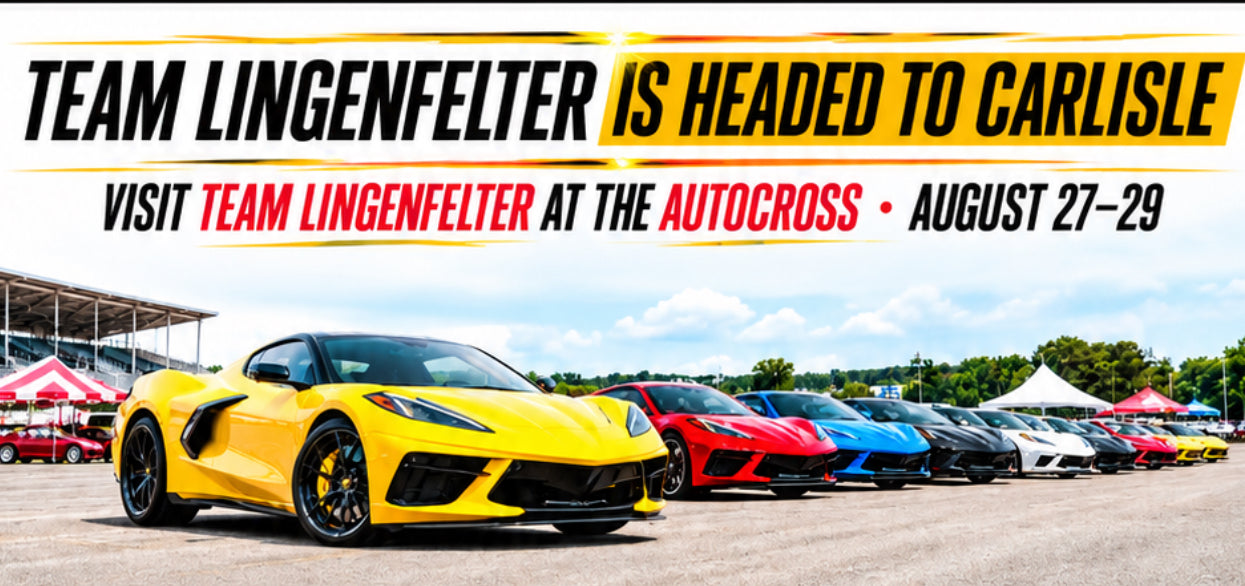 Promotional banner for Team Lingenfelder at the autocross, featuring a lineup of sports cars including a prominent yellow Corvette in the foreground, with text reading 'Team Lingenfelder is headed to Carlisle' and 'Visit Team Lingenfelder at the Autocross - August 27-29'.