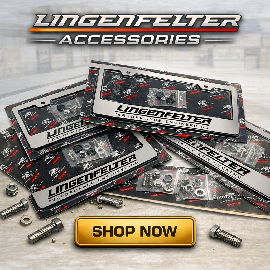 American Car Craft Lingenfelter Black License Plate Frame with logo, durable metal car accessory for customization.