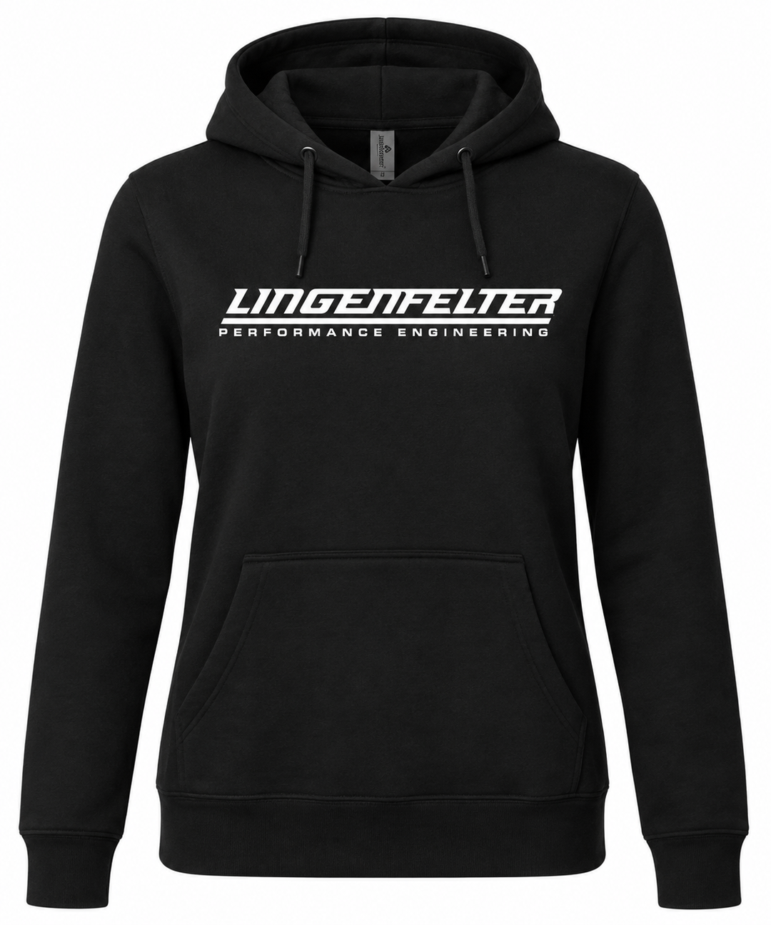 A black pullover hoodie with a white 'LINGENFELTER PERFORMANCE ENGINEERING' logo printed across the chest, displayed on a clean white background.