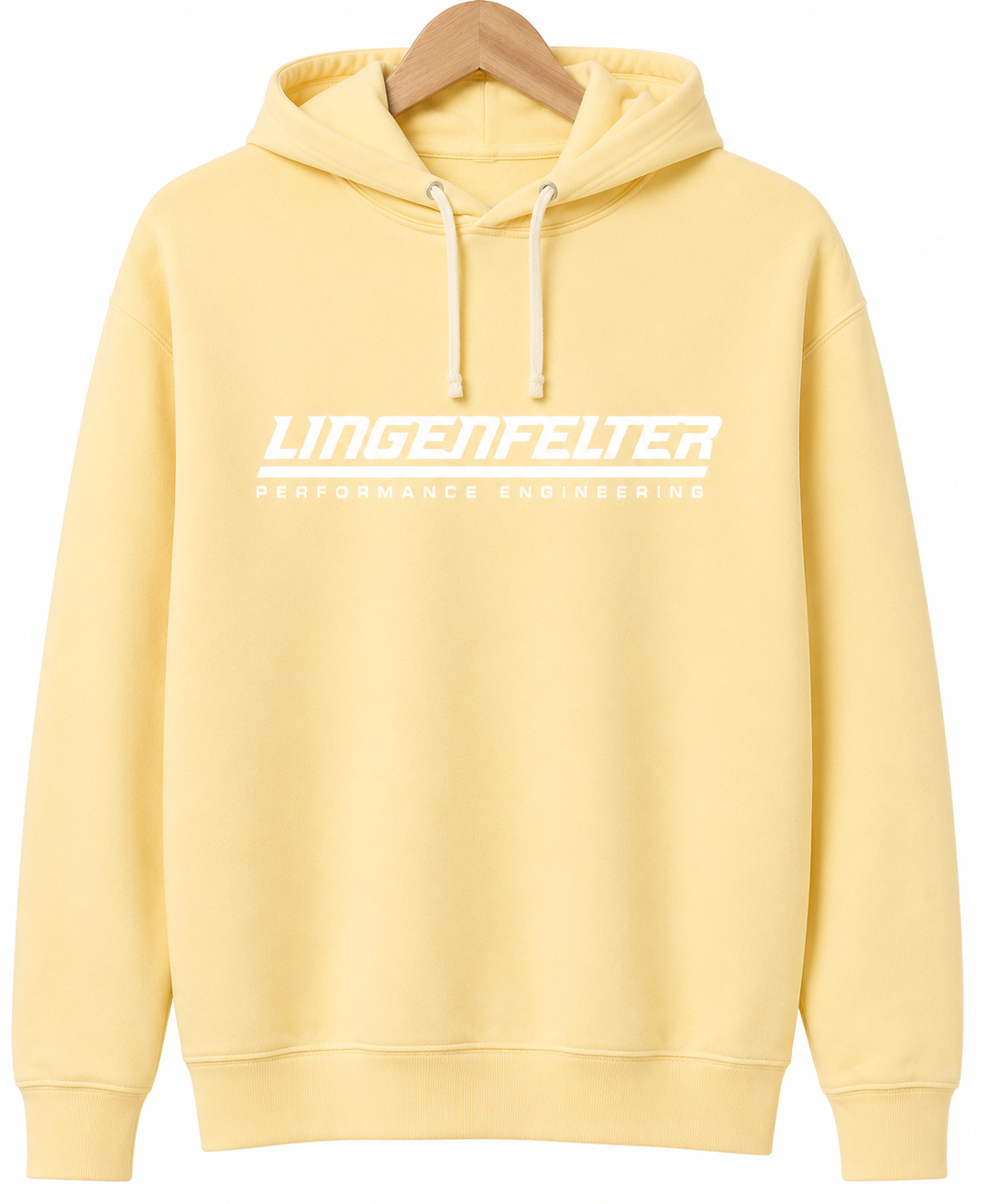 A pale yellow pullover hoodie with a white 'LINGENFELTER PERFORMANCE ENGINEERING' logo printed across the chest, hanging on a wooden hanger against a white background.