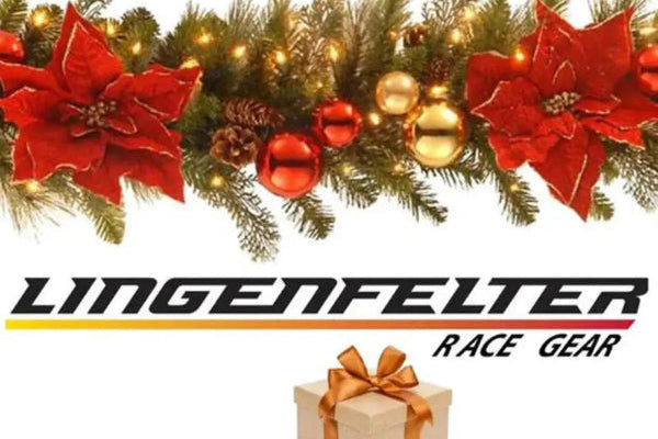 Decorative Christmas garland with red poinsettias and gold balls, featuring Lingenfelter Race Gear logo.