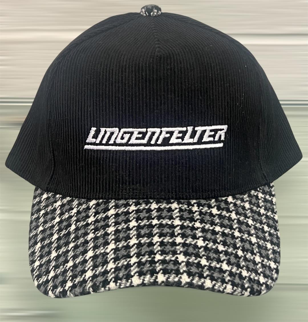 Black cap with houndstooth pattern brim and 'Lingenfelter' logo on a metallic background