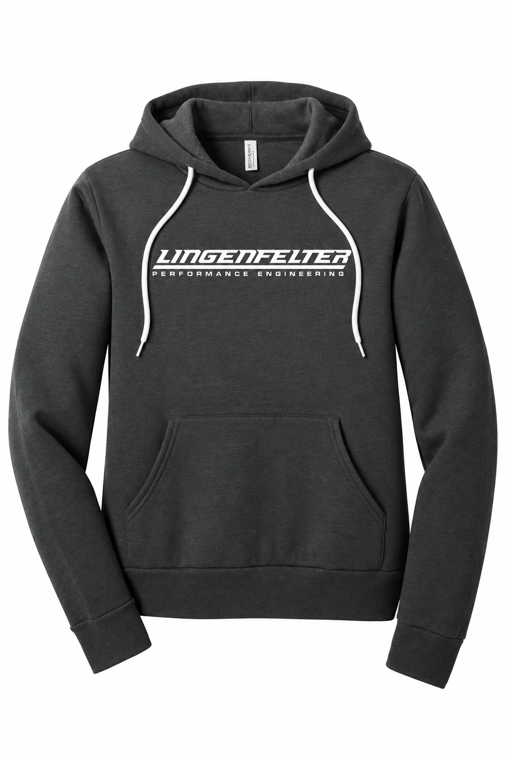 A dark charcoal gray pullover hoodie with white drawstrings and a white printed 'Lingenfelter Performance Engineering' logo across the chest, displayed on a clean white background.