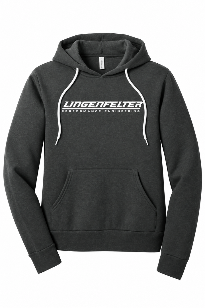 A dark charcoal gray pullover hoodie with white drawstrings and a white printed 'Lingenfelter Performance Engineering' logo across the chest, displayed on a clean white background.