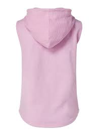 A light pink sleeveless hooded pet sweater shown from the back, featuring a textured waffle-knit hood and a smooth fabric body.