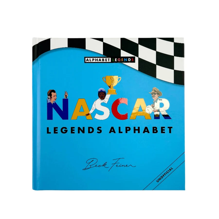 A square hardcover book titled 'NASCAR Legends Alphabet' by Dick Feiner, featuring a bright blue cover with a black-and-white checkered banner at the top and colorful lettering for NASCAR.