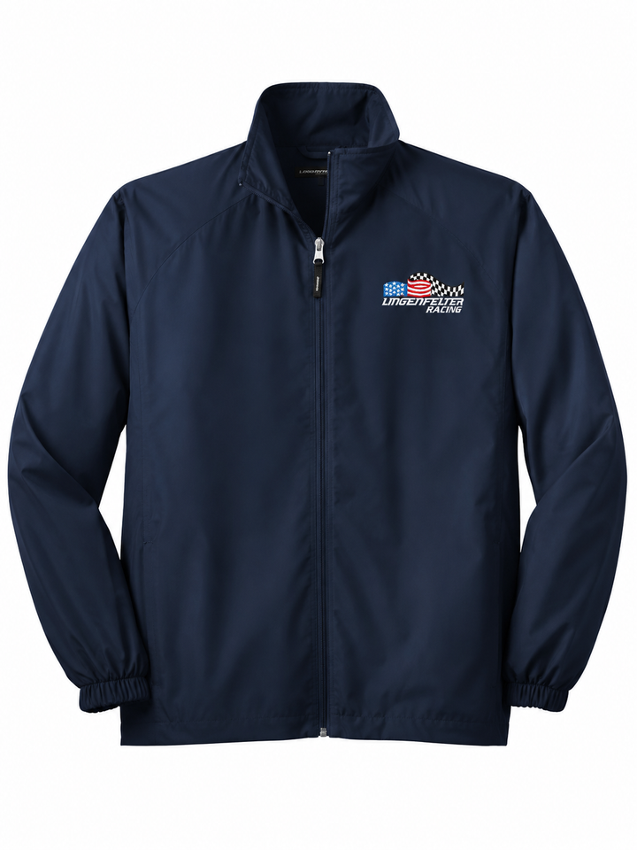 navy full zip jacket wth lingenfelter racing logo on white background