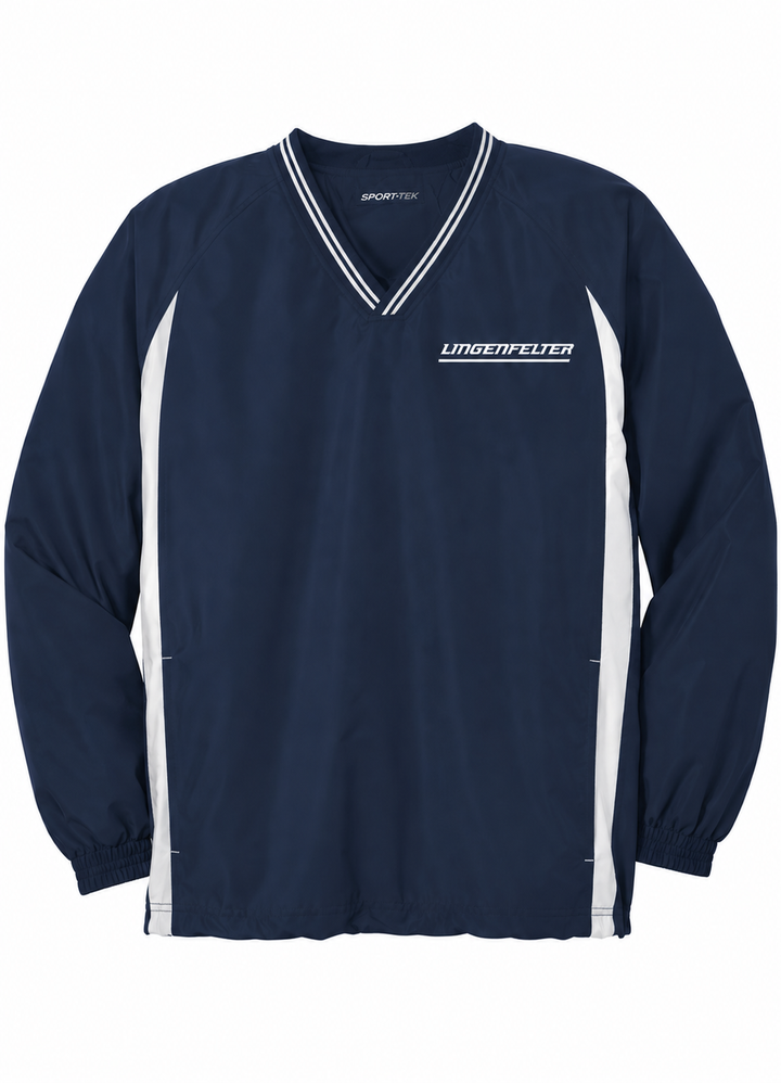 A navy blue long-sleeve athletic pullover with white side panels and a white V-neck trim, featuring the 'LINDENMELTER' brand name printed on the left chest.