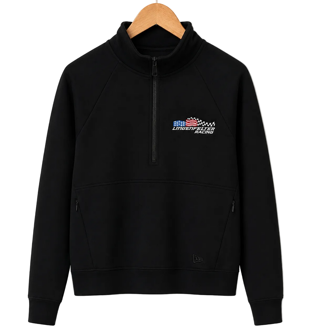 A black quarter-zip sweatshirt with a small 'BRICKS LIGHTNING RACING' graphic on the left chest, hanging on a wooden hanger against a plain white background.