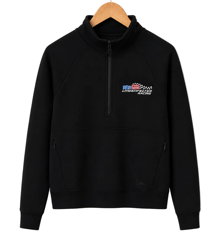 A black quarter-zip sweatshirt with a small 'BRICKS LIGHTNING RACING' graphic on the left chest, hanging on a wooden hanger against a plain white background.