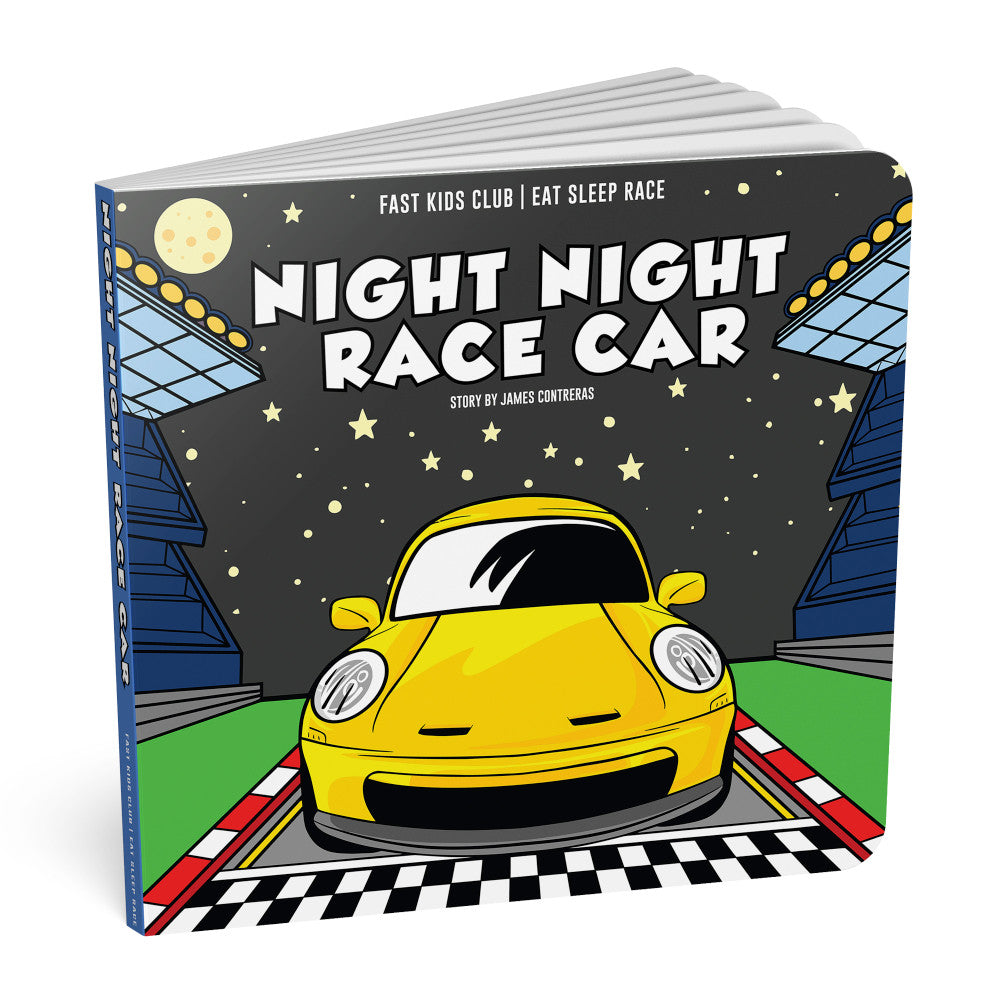 Night Night Race Car Book by Team Lingenfelter, a colorful children's youth book featuring a race car theme and playful illustrations.