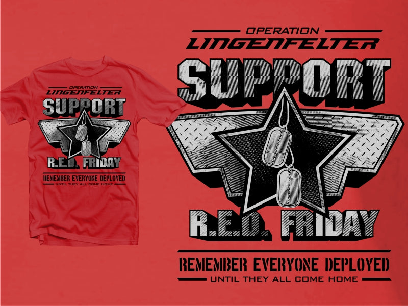 Men's red T-shirt from Team Lingenfelter supporting deployed personnel with Operation Lingenfelter RED Friday design.