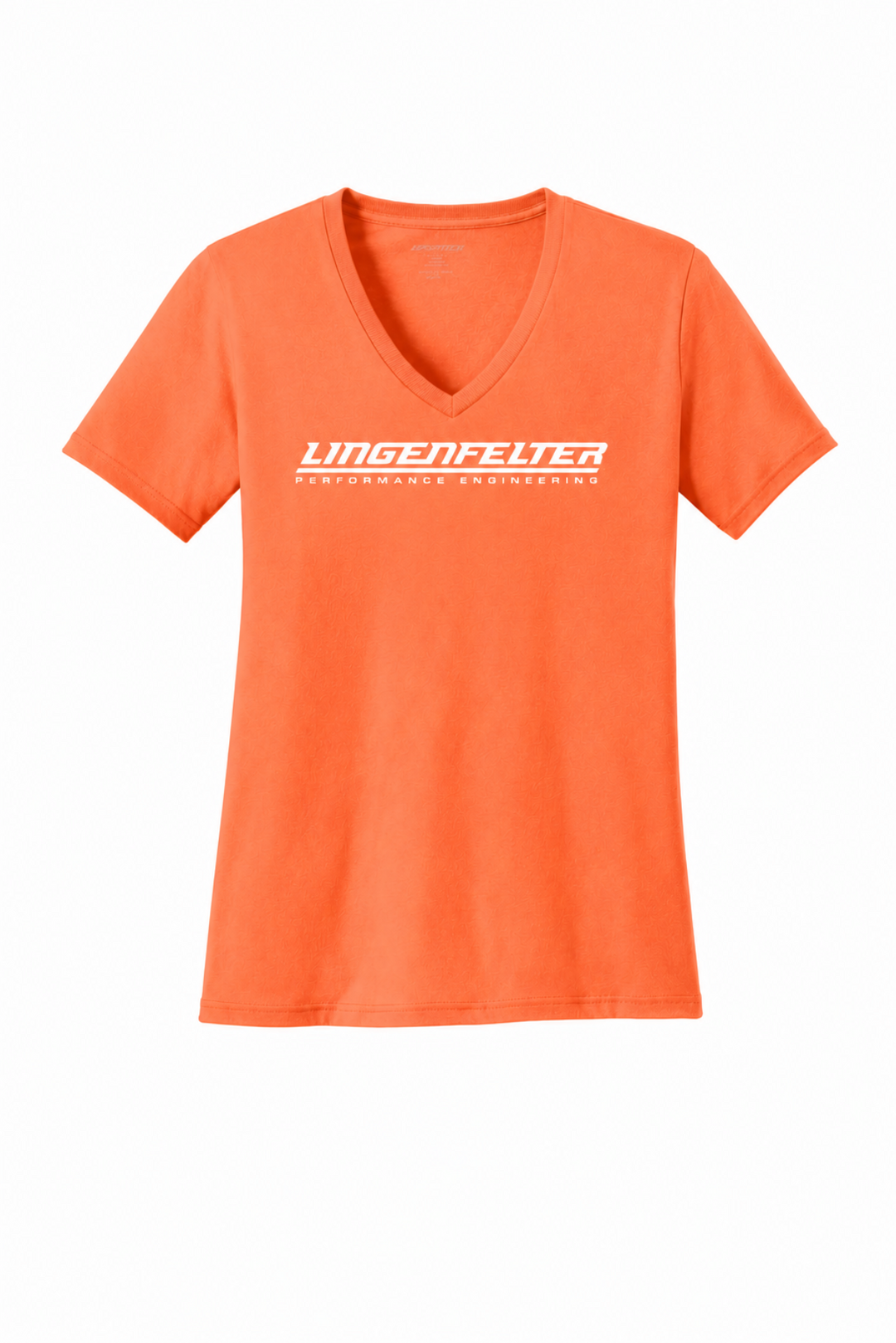 An orange short-sleeve V-neck t-shirt with a white 'Lingenfelter' athletic logo printed across the chest, displayed on a clean white background.