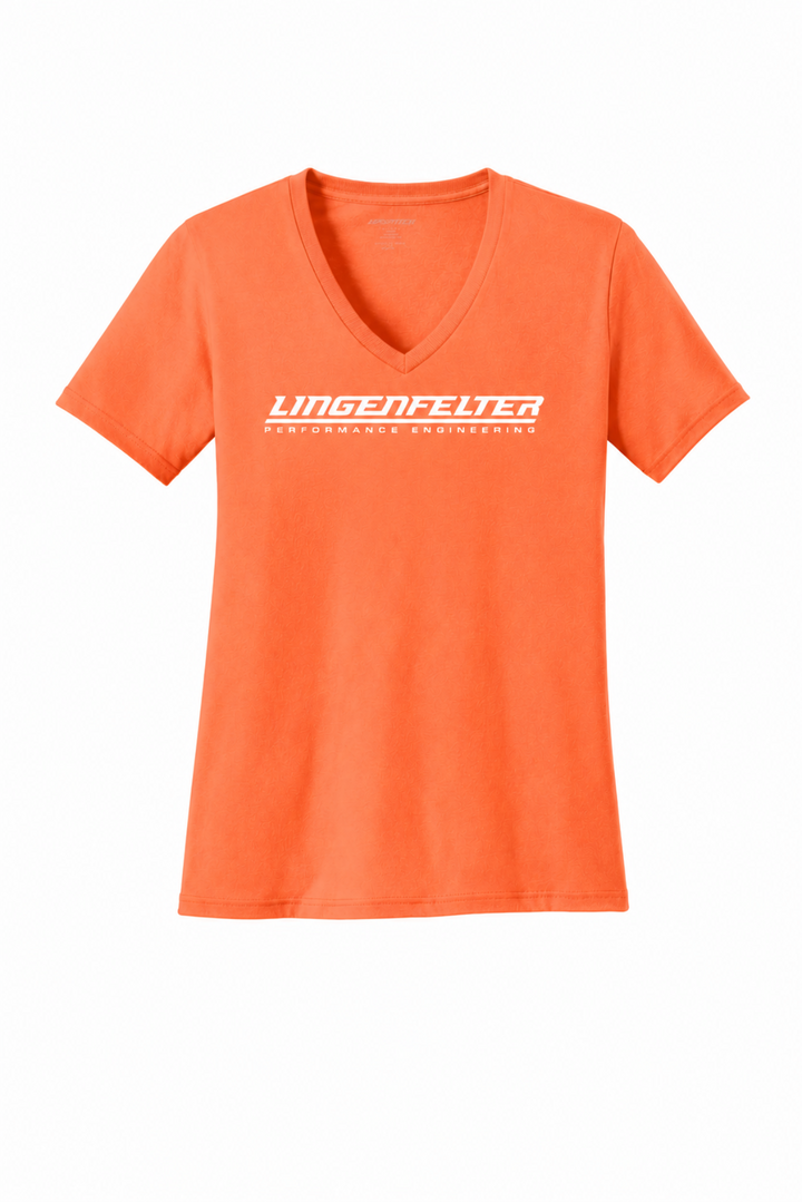 An orange short-sleeve V-neck t-shirt with a white 'Lingenfelter' athletic logo printed across the chest, displayed on a clean white background.