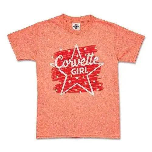 Orange youth Corvette girl T-shirt featuring a Chevrolet logo, designed for kids' girls' clothing, size XS.