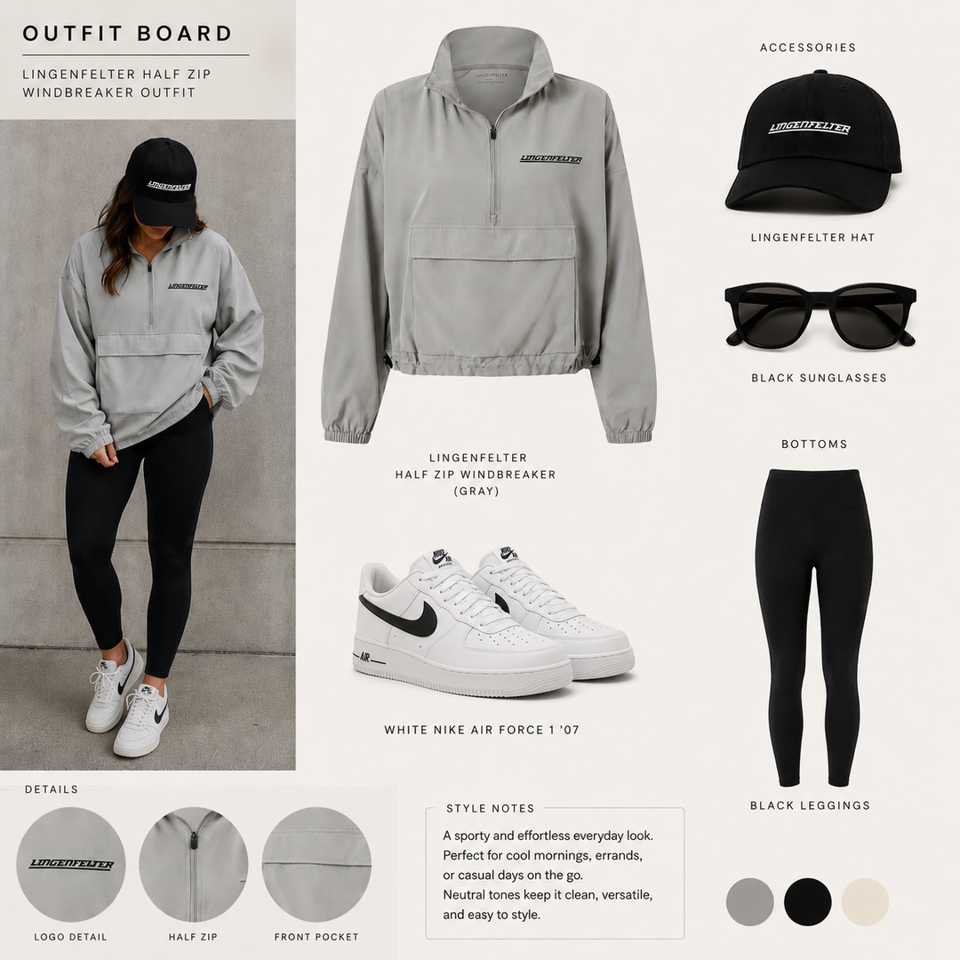 Outfit board with Lingenfelter half zip windbreaker, black leggings, white Nike Air Force 1 sneakers, black hat, and sunglasses.