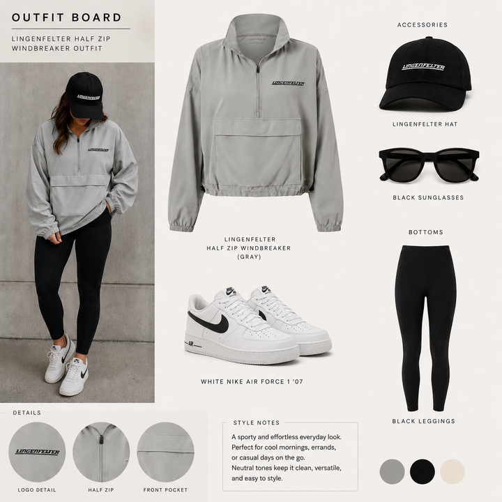 Outfit board with Lingenfelter half zip windbreaker, black leggings, white Nike Air Force 1 sneakers, black hat, and sunglasses.