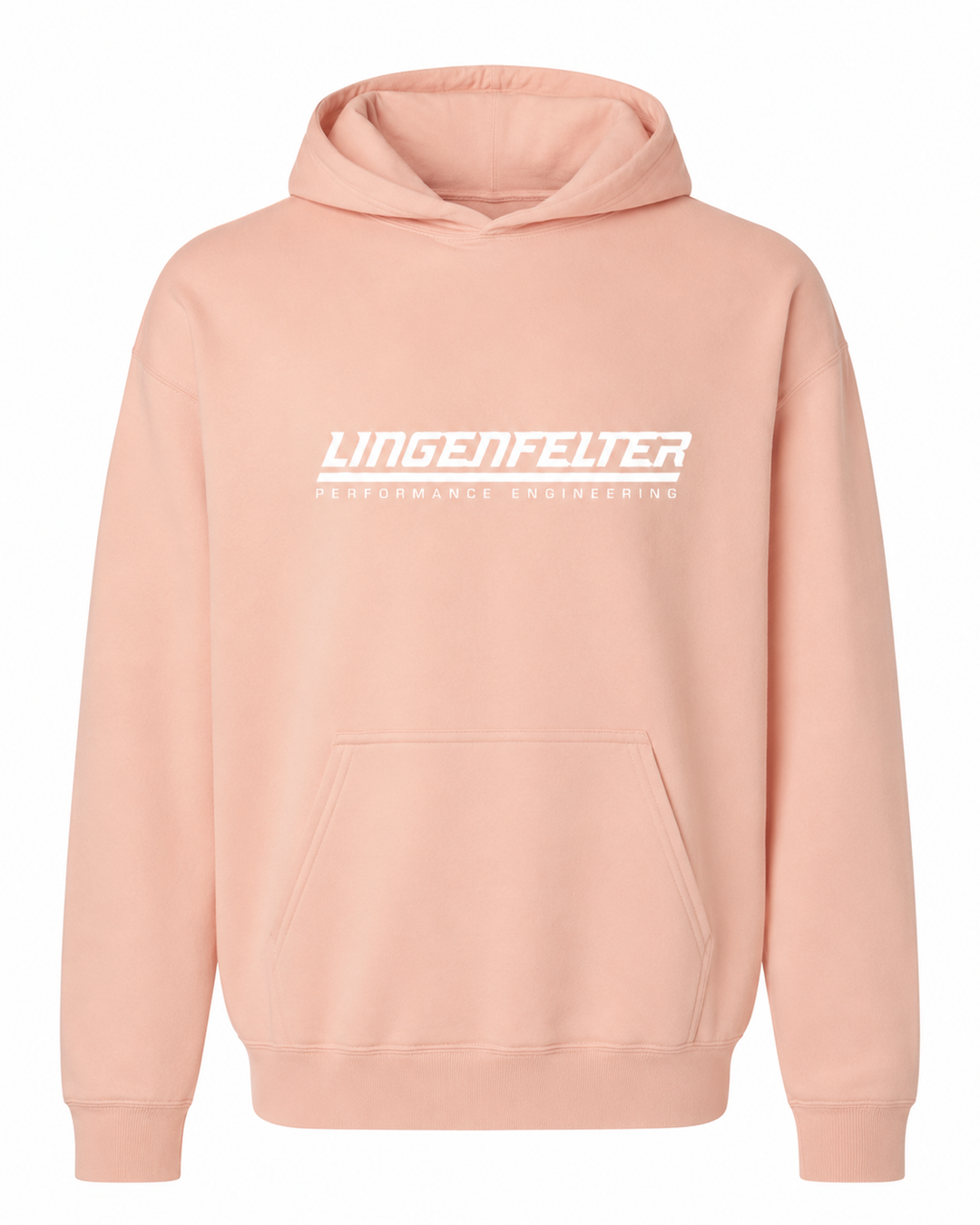 A light peach-pink pullover hoodie with a white printed 'LINGENFELTER PERFORMANCE ENGINEERING' logo across the chest, displayed on a clean white background.