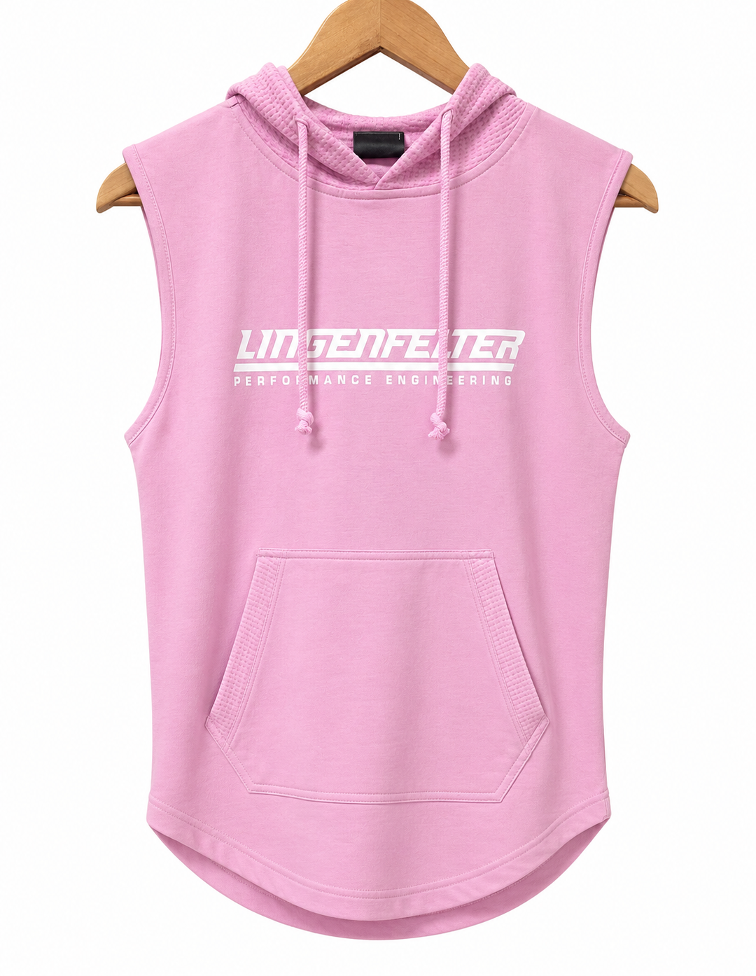 A pink sleeveless pullover hoodie with drawstrings, a kangaroo pocket, and a white 'LINDSEIFELTER' graphic printed across the chest, shown hanging on a wooden hanger against a white background.