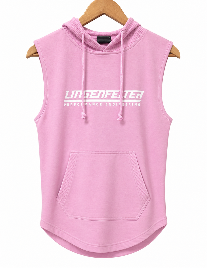 A pink sleeveless pullover hoodie with drawstrings, a kangaroo pocket, and a white 'LINDSEIFELTER' graphic printed across the chest, shown hanging on a wooden hanger against a white background.