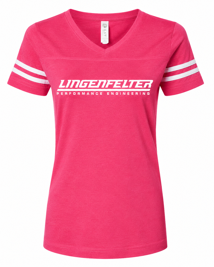 A women's bright pink V-neck t-shirt with white athletic stripes on the sleeves and a white 'Lingenfelter Performance Engineering' logo printed across the chest.