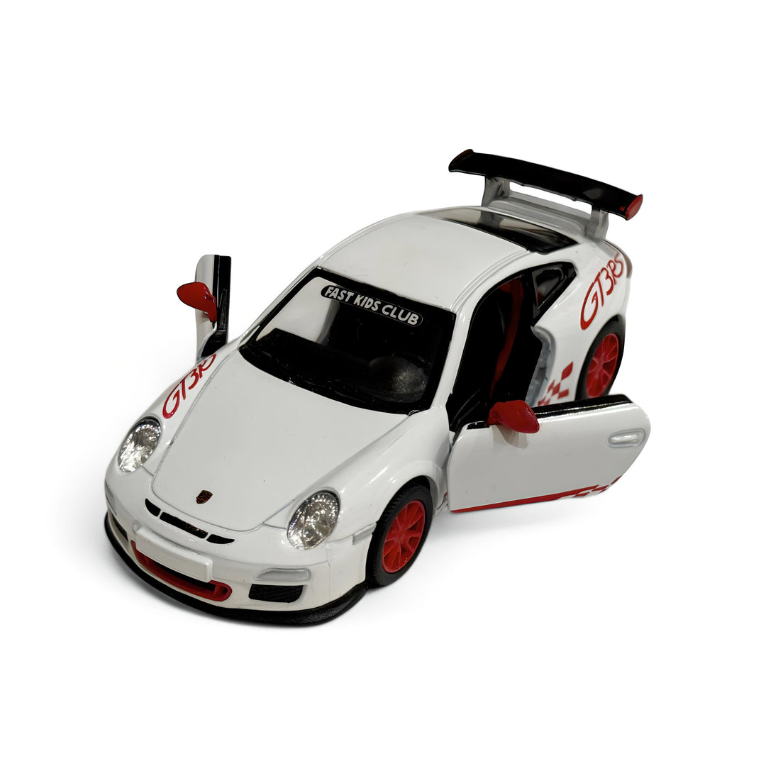 White diecast Porsche 911 GT3 RS model car by Team Lingenfelter, detailed miniature vehicle for collectors and enthusiasts.