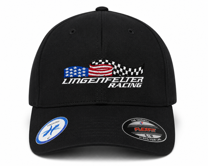 A black baseball cap featuring embroidered 'Lingenfelter Racing' text with an American flag and checkered flag design on the front. The brim has a blue circular sticker on the left and a black Flexfit sticker on the right, set against a plain white background.