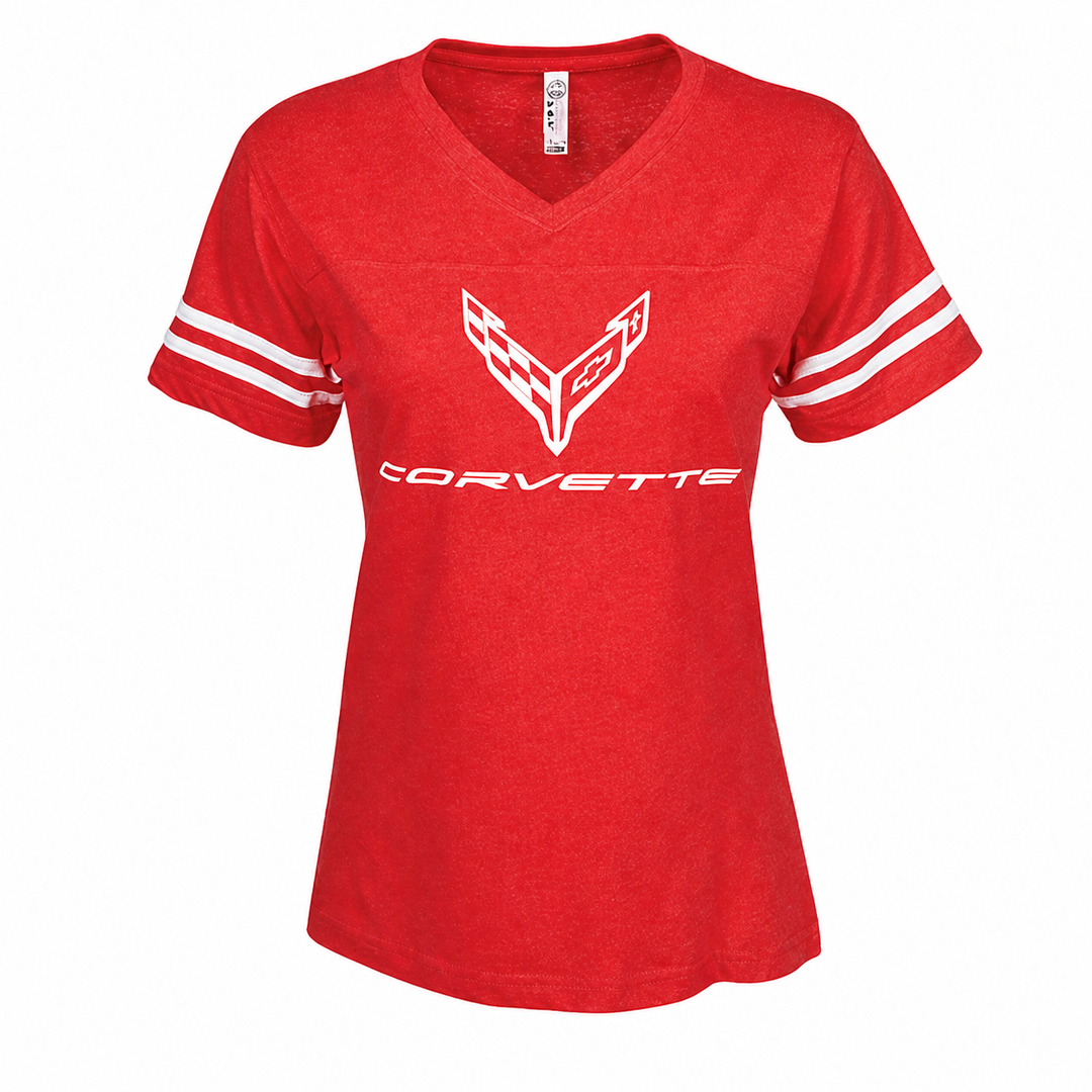 Red C8 Corvette ladies football jersey tee with sporty stripes, designed by Lingenfelter Race Gear, casual women's activewear.