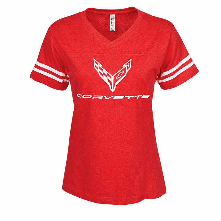 Red C8 Corvette ladies football jersey tee with sporty stripes, designed by Lingenfelter Race Gear, casual women's activewear.