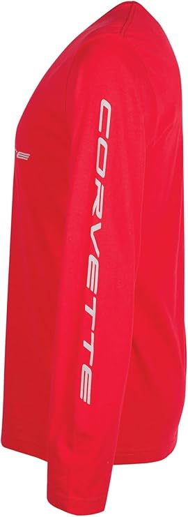 Side view of men's red C8 Corvette long sleeve T-shirt by Team Lingenfelter, featuring Corvette branding and detailed design.