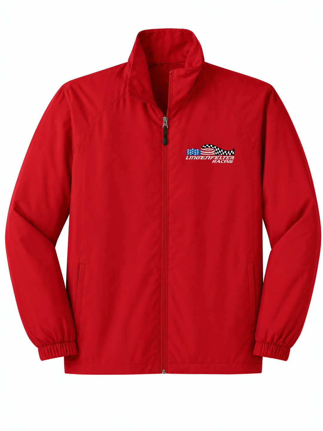 red lingenfelter men's light jacket in red with racing logo on white background