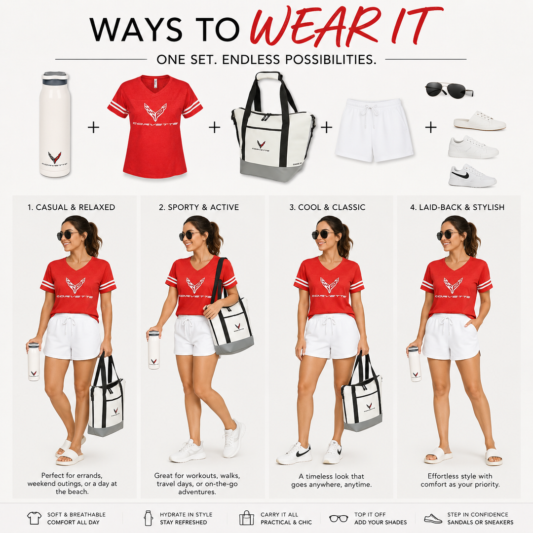 Red and white outfit with various accessories and text on a white background