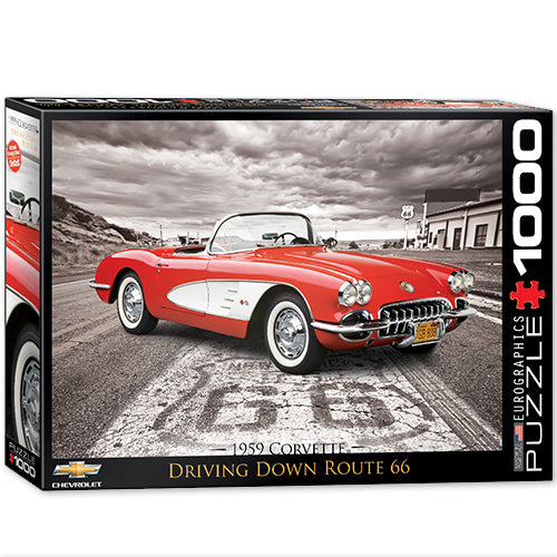 A 1000-piece jigsaw puzzle box featuring a red 1959 Chevrolet Corvette driving down Route 66, with a black-and-white scenic background. The box displays the Chevrolet logo and 'Puzzle 1000' branding.