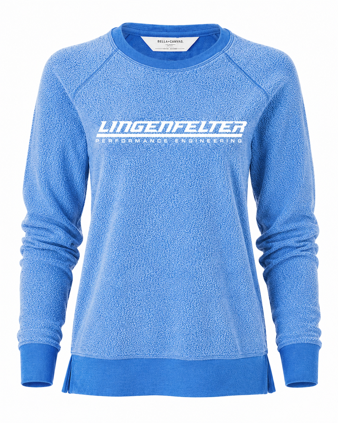 A light blue fleece crewneck sweatshirt with 'LINGENFELTER PERFORMANCE ENGINEERING' printed in white across the chest, shown on a plain white background.