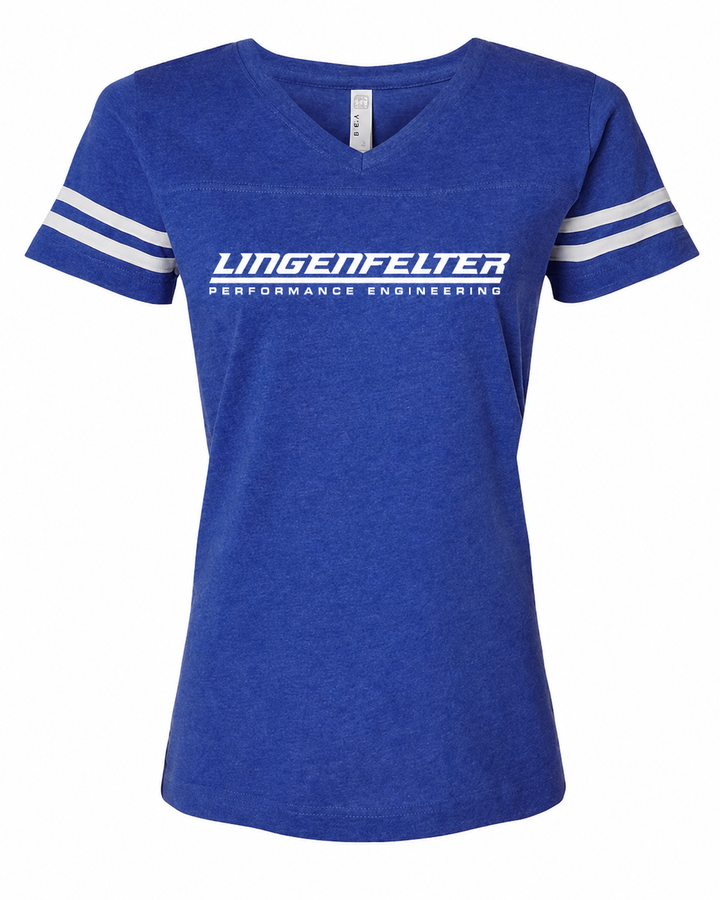 A royal blue heathered short-sleeve V-neck t-shirt with white athletic stripes on the sleeves and a white 'LINGENFELTER PERFORMANCE ENGINEERING' logo printed across the chest.