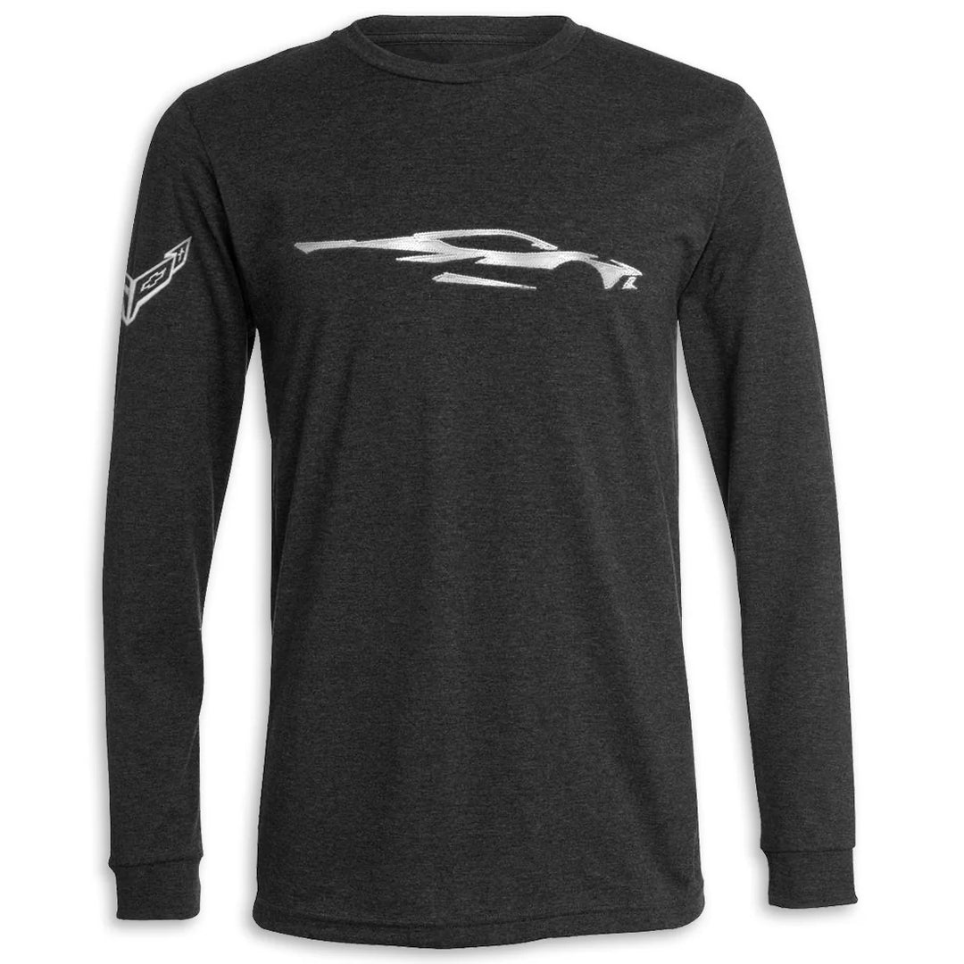 Dark gray heather C8 Corvette gesture long sleeve T-shirt for men by Team Lingenfelter, casual clothing with Corvette graphic.
