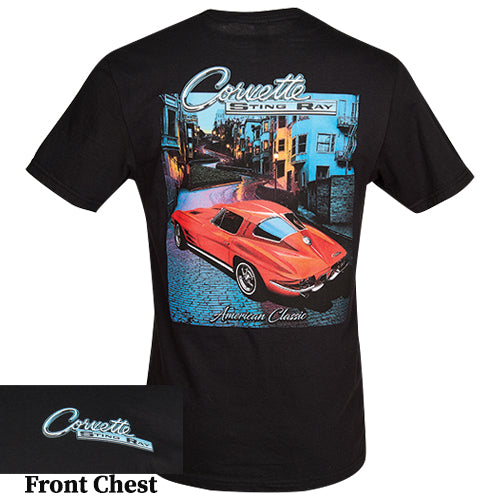 Lingenfelter Race Gear 63′ split window Corvette American classic T-shirt for men, featuring vintage Corvette design on front.